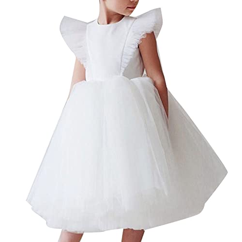 YAOTT Mädchen Sommerkleid Fliegende Ärmel Prinzessin Tutu Kleid Tüll Party-Hochzeit Brautjungfernkleid Tauf-Geburtstagsparty-Abschlussballkleid Ballkleider Cocktailkleid Weiss von YAOTT