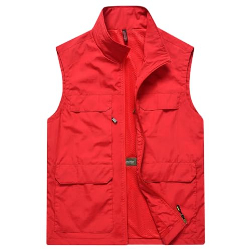 YAOTT Outdoor Weste Herren Sommer Multi-Taschen Arbeitsweste Anglerweste Leichte Atmungsaktiv Ärmellose Jacke Wasserdichte Softshell Weste Mesh Futter Winddicht Wandern Weste,Rot,3XL von YAOTT