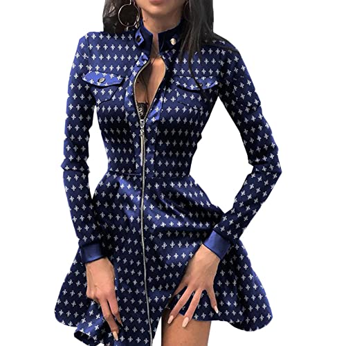 YAOTT Partykleider Damen Lederkleid Mode V-Ausschnitt Langarm Spitzen Patchwork Minikleid Mit Reißverschluss Bodycon Kurz Minikleid A Linie Cocktailkleid Clubwear,Blau1,S von YAOTT