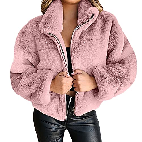 YAOTT Plüsch Mantel Damen Reißverschluss Plüschjacke Kurz Wintermantel Künstliche Wolle Warm Flauschig Einfarbig Dicke Coat Mode Teddy Parka Jacke,Rosa,M von YAOTT