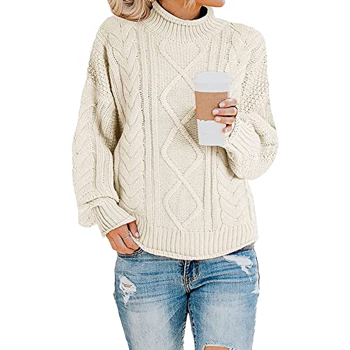 YAOTT Pullover Damen - Elegant Lose Lässiger Einfarbig Freizeit Pullover Hohem Kragen Herbst Winter Warm Dick Lange Ärmel Strickpullover Sweatshirt Tops,Weiß,M von YAOTT