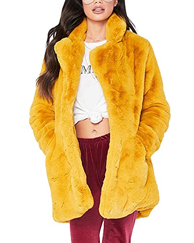 YAOTT Revers Teddy Jacke Herbst/Winter Jacke Eleganter Parka Lässiger langer Mantel Kunstpelzmantel Bequemer Pullover Sherpa Jacke Flauschige Plüsch Strickjacke Oberbekleidung Gelb M von YAOTT