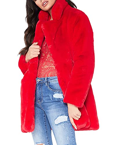 YAOTT Revers Teddy Jacke Herbst/Winter Jacke Eleganter Parka Lässiger langer Mantel Kunstpelzmantel Bequemer Pullover Sherpa Jacke Flauschige Plüsch Strickjacke Oberbekleidung rot S von YAOTT