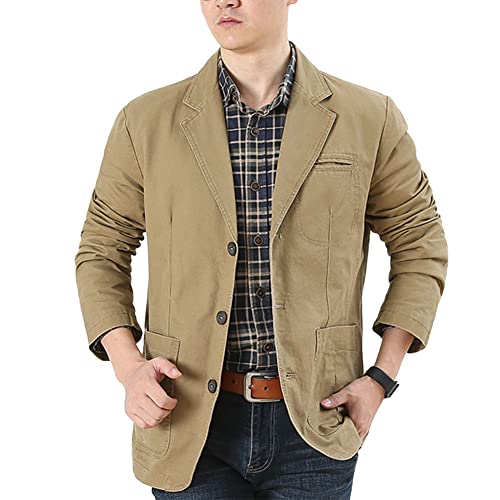 YAOTT Sakko Herren Sportlich Slim Fit Modern Freizeit Jackett Männer Casual Blazer Anzugjacke Sportsakko Frühling Sommer Freizeitjacke Baumwoll Jacke Mantel Used Look Khaki L von YAOTT