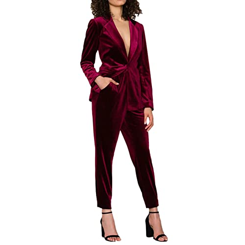 YAOTT Samt Hosenanzug Damen Zweiteiliger Anzug Set Elegant Revers Business Büro Blazer Langarm Anzugjacke mit Anzughosen Set Slim Fit Formal Modern Blazer Hose 2 Stück Farbe B L von YAOTT