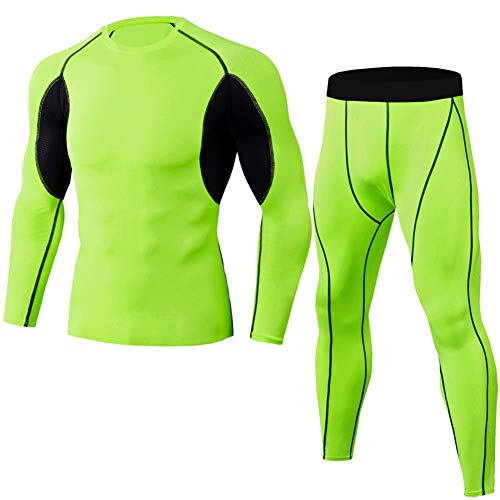 YAOTT Sportbekleidung Herren Trainingsanzug 2pcs Set Kompression Leggings Radsport Hose + Langarm Schnelltrocknend Rundhals Sports Funktionsshirt Leuchtendes Grün M von YAOTT