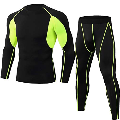 YAOTT Sportbekleidung Herren Trainingsanzug 2pcs Set Kompression Leggings Radsport Hose + Langarm Schnelltrocknend Rundhals Sports Funktionsshirt Schwarz Grün M von YAOTT
