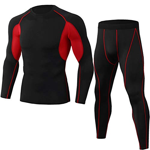 YAOTT Sportbekleidung Herren Trainingsanzug 2pcs Set Kompression Leggings Radsport Hose + Langarm Schnelltrocknend Rundhals Sports Funktionsshirt Schwarz Rot M von YAOTT