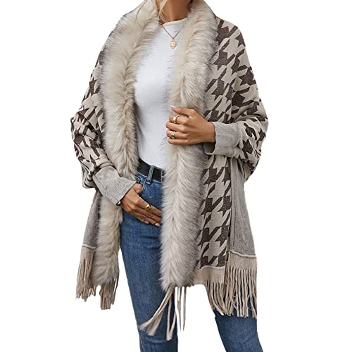 YAOTT Strickjacke mit Pelzkragen Damen Lang Strickmantel Strickcardigan Lang Cardigan Frauen Strick Ponchos mit Quasten Herbst Winter Casual Open Front Sweater Pullover Mantel Jacke Outwear Farbe 2 L von YAOTT