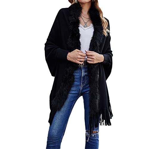 YAOTT Strickjacke mit Pelzkragen Damen Lang Strickmantel Strickcardigan Lang Cardigan Frauen Strick Ponchos mit Quasten Herbst Winter Casual Open Front Sweater Pullover Mantel Jacke Outwear Farbe 6 S von YAOTT