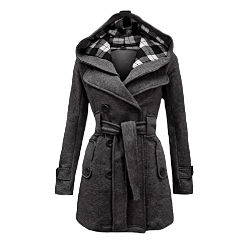 YAOTT Trenchcoat Damen Lang Mit Kapuze Winterjacke Frauen Elegant Einfarbig Revers Warm Gefüttert Zweireihig Coat Mit Gürtel Herbst Und Winter Parka Mantel,DunkelGrau,L von YAOTT