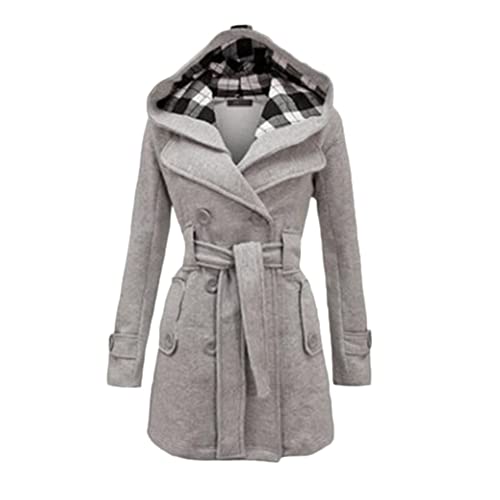 YAOTT Trenchcoat Damen Lang Mit Kapuze Winterjacke Frauen Elegant Einfarbig Revers Warm Gefüttert Zweireihig Coat Mit Gürtel Herbst Und Winter Parka Mantel,HellGrau,L von YAOTT