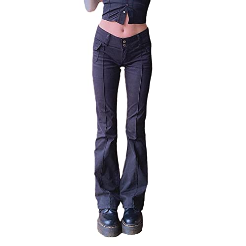 YAOTT Y2k Damen Ausgestellte,Niedrige Taille Bootcut-Hose Elegante Retro Schlaghose Stretch Casual Einfarbig Sporthose Freizeithosen Slim Fit Damenhose Denim-Optik Hüfthose Hose Schwarz S von YAOTT