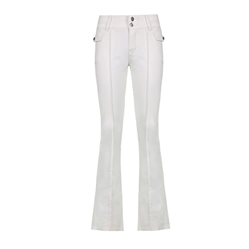 YAOTT Y2k Damen Ausgestellte,Niedrige Taille Bootcut-Hose Elegante Retro Schlaghose Stretch Casual Einfarbig Sporthose Freizeithosen Slim Fit Damenhose Denim-Optik Hüfthose Hose Weiß S von YAOTT