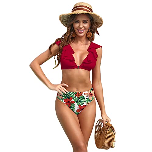 YAPAILANG 2-teiliger Bikini-Badeanzug mit Rüschenbesatz, hohe Taille, Badeanzug, Damen, schwarz, V-Ausschnitt, Bademode, gerüschtes Oberteil, Badeanzug, Kostüm von YAPAILANG