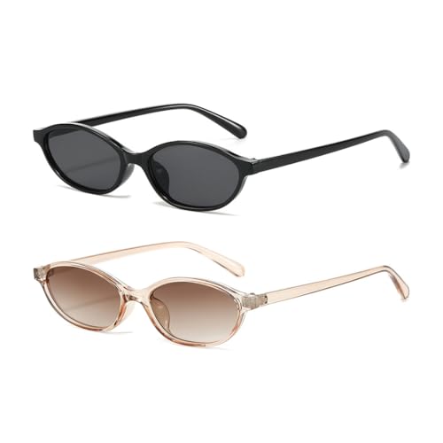 YAPKOLV 2er-Pack Retro Ovale Sonnenbrille für Damen, Mode Oval Brille mit Schmal Rahmen und UV Schutz von YAPKOLV
