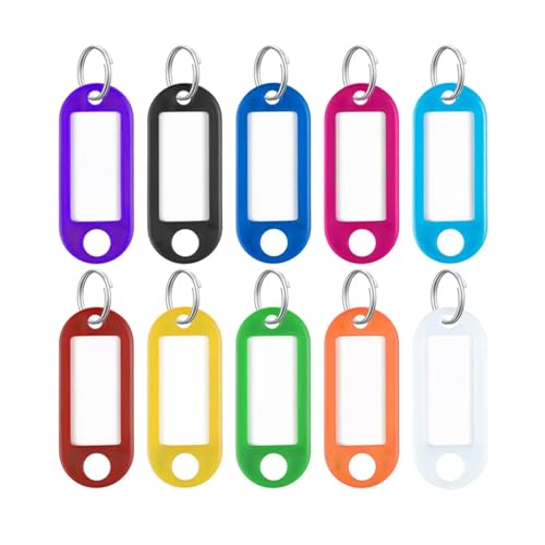 YAPKOLV 50 Stück Beschriftbar Schlüsselanhänger, Kunststoff Keyring Halter mit Label Fenster, Auswechselbare Etiketten, Key Label (in 10 Farben) von YAPKOLV