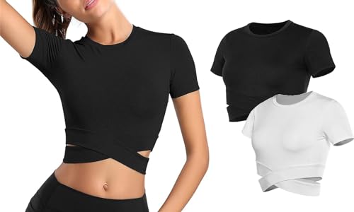 T-Shirt Damen Sportshirt Kurzarm Crop Top Sexy Sport Oberteil Bauchfreie Sommer Laufshirt Sporttop Yoga Fitness Shirts (DE/NL/SE/PL, Alphanumerisch, M, Regular, Regular, Schwarz+Weiß) von YAQUEKOU