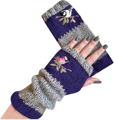 Armstulpen Damen Winter Handschuhe mit Vogelstickerei Fingerlos Strick Pulswärmer Damen Handstulpen Fäustlinge Strick Fingerlose Fäustlinge Stulpen Damen Hände Lange Handschuhe (Blau, EINGRÖSSE) von YAQUEKOU