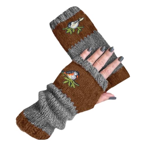 Armstulpen Damen Winter Handschuhe mit Vogelstickerei Fingerlos Strick Pulswärmer Damen Handstulpen Fäustlinge Strick Fingerlose Fäustlinge Stulpen Damen Hände Lange Handschuhe (Braun, EINGRÖSSE) von YAQUEKOU