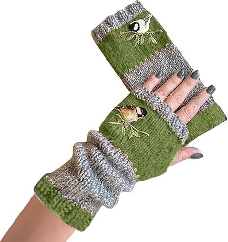 Armstulpen Damen Winter Handschuhe mit Vogelstickerei Fingerlos Strick Pulswärmer Damen Handstulpen Fäustlinge Strick Fingerlose Fäustlinge Stulpen Damen Hände Lange Handschuhe (Grün, EINGRÖSSE) von YAQUEKOU