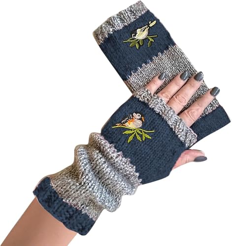 Armstulpen Damen Winter Handschuhe mit Vogelstickerei Fingerlos Strick Pulswärmer Damen Handstulpen Fäustlinge Strick Fingerlose Fäustlinge Stulpen Damen Hände Lange Handschuhe (Marine, EINGRÖSSE) von YAQUEKOU