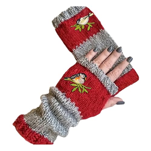 Armstulpen Damen Winter Handschuhe mit Vogelstickerei Fingerlos Strick Pulswärmer Damen Handstulpen Fäustlinge Strick Fingerlose Fäustlinge Stulpen Damen Hände Lange Handschuhe (Rot, EINGRÖSSE) von YAQUEKOU