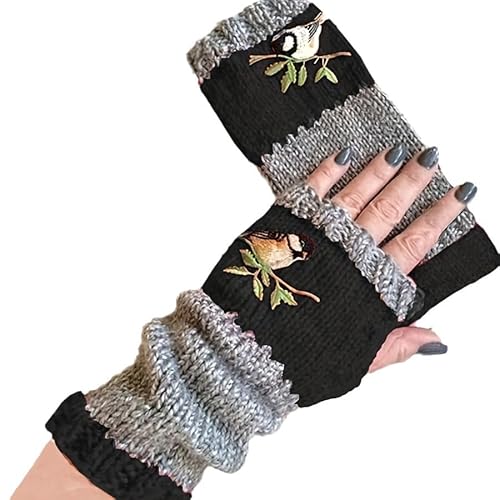 Armstulpen Damen Winter Handschuhe mit Vogelstickerei Fingerlos Strick Pulswärmer Damen Handstulpen Fäustlinge Strick Fingerlose Fäustlinge Stulpen Damen Hände Lange Handschuhe (Schwarz, EINGRÖSSE) von YAQUEKOU