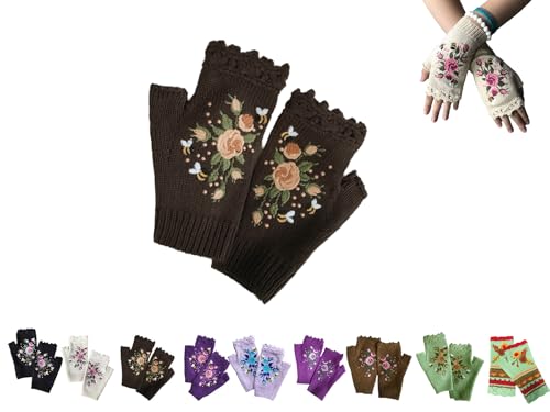 Handgestickt Fingerlose Handschuhe Damen Winter Blumen Stickerei Armstulpen Handschuhe Damen Pulswärmer Strick Handstulpen Kurz Gestrickte Halb Fingerlose Fäustlinge Fingerlose Handwärmer (01) von YAQUEKOU