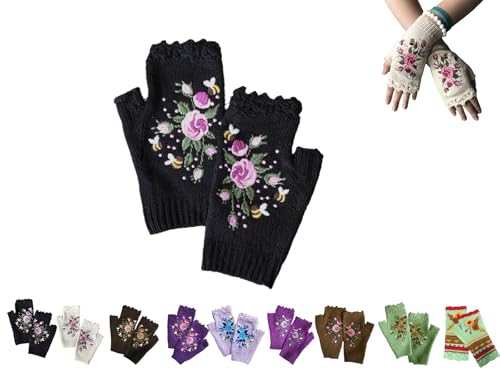 Handgestickt Fingerlose Handschuhe Damen Winter Blumen Stickerei Armstulpen Handschuhe Damen Pulswärmer Strick Handstulpen Kurz Gestrickte Halb Fingerlose Fäustlinge Fingerlose Handwärmer (02) von YAQUEKOU
