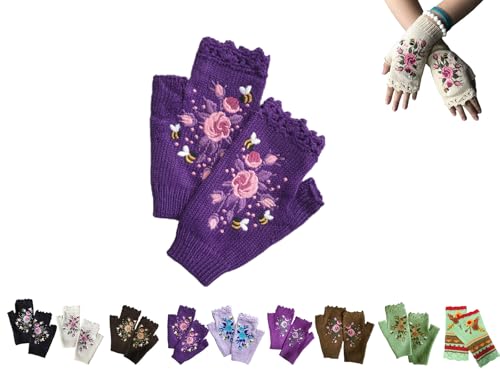 Handgestickt Fingerlose Handschuhe Damen Winter Blumen Stickerei Armstulpen Pulswärmer Strick Handstulpen Kurz Gestrickte Halb Fäustlinge Handwärmer (05) von YAQUEKOU