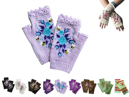 Handgestickt Fingerlose Handschuhe Damen Winter Blumen Stickerei Armstulpen Handschuhe Damen Pulswärmer Strick Handstulpen Kurz Gestrickte Halb Fingerlose Fäustlinge Fingerlose Handwärmer (06) von YAQUEKOU