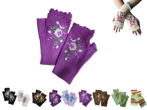 Handgestickt Fingerlose Handschuhe Damen Winter Blumen Stickerei Armstulpen Handschuhe Damen Pulswärmer Strick Handstulpen Kurz Gestrickte Halb Fingerlose Fäustlinge Fingerlose Handwärmer (07) von YAQUEKOU