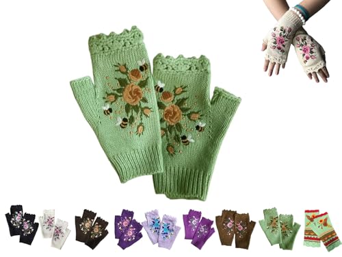 Handgestickt Fingerlose Handschuhe Damen Winter Blumen Stickerei Armstulpen Handschuhe Damen Pulswärmer Strick Handstulpen Kurz Gestrickte Halb Fingerlose Fäustlinge Fingerlose Handwärmer (08) von YAQUEKOU
