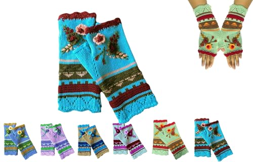 Handgestickte Armstulpen Damen Winter Fingerlose Handschuhe Blumen Stickerei Stulpen Damen Hände Handstulpen Pulswärmer Handschuhe Strick Winterhandschuhe Gestrickte Fingerlose Fäustlinge (02) von YAQUEKOU