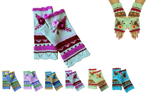 Handgestickte Armstulpen Damen Winter Fingerlose Handschuhe Blumen Stickerei Stulpen Damen Hände Handstulpen Pulswärmer Handschuhe Strick Winterhandschuhe Gestrickte Fingerlose Fäustlinge (03) von YAQUEKOU