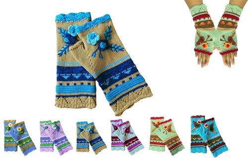 Handgestickte Armstulpen Damen Winter Fingerlose Handschuhe Blumen Stickerei Stulpen Damen Hände Handstulpen Pulswärmer Handschuhe Strick Winterhandschuhe Gestrickte Fingerlose Fäustlinge (04) von YAQUEKOU