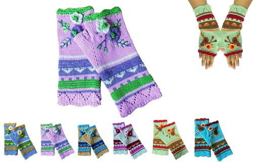 Handgestickte Armstulpen Damen Winter Fingerlose Handschuhe Blumen Stickerei Stulpen Damen Hände Handstulpen Pulswärmer Handschuhe Strick Winterhandschuhe Gestrickte Fingerlose Fäustlinge (05) von YAQUEKOU