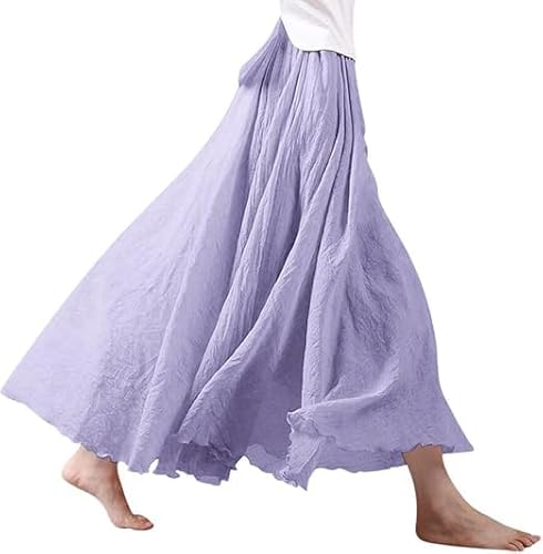 Maxirock Damen Lang Röcke Leinen Maxirock Baumwolle Leinen Rock Boho Sommerrock Einfarbig Freizeitrock Faltenrock (DE/NL/SE/PL, Alphanumerisch, Einheitsgröße, Regular, Regular, Länge 75cm, Violett) von YAQUEKOU