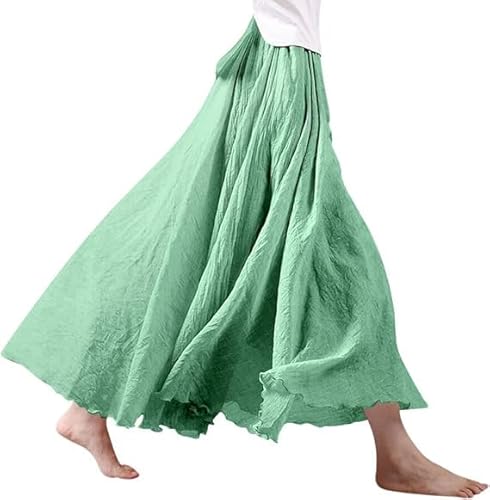 Maxirock Damen Lang Röcke Leinen Maxirock Baumwolle Leinen Rock Boho Sommerrock Einfarbig Freizeitrock Faltenrock (DE/NL/SE/PL, Alphanumerisch, Einheitsgröße, Regular, Regular, Länge 75cm, Grün) von YAQUEKOU