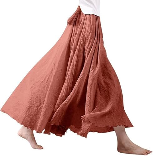 Maxirock Damen Lang Röcke Leinen Maxirock Baumwolle Leinen Rock Boho Sommerrock Einfarbig Freizeitrock Faltenrock (DE/NL/SE/PL, Alphanumerisch, Einheitsgröße, Regular, Regular, Länge 75cm, Rot) von YAQUEKOU
