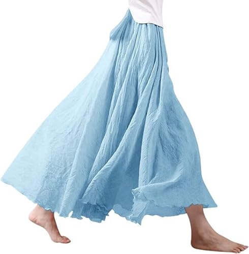 Maxirock Damen Lang Röcke Leinen Maxirock Baumwolle Leinen Rock Boho Sommerrock Einfarbig Freizeitrock Faltenrock (DE/NL/SE/PL, Alphanumerisch, Einheitsgröße, Regular, Regular, Länge 85cm, Blau) von YAQUEKOU