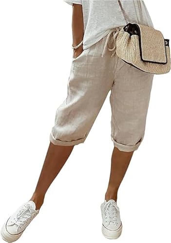 Sommerhose Damen Leicht leinenhose Sommer Kurze Hosen Luftig Hohe Taille Caprihose Einfarbig Strandhose Stoffhose Casual Pants (DE/NL/SE/PL, Alphanumerisch, M, Regular, Regular, Standard, Khaki) von YAQUEKOU