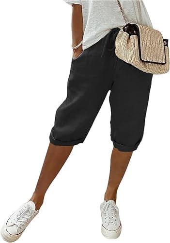 Sommerhose Damen Leicht leinenhose Sommer Kurze Hosen Luftig Hohe Taille Caprihose Einfarbig Strandhose Stoffhose Casual Pants (DE/NL/SE/PL, Alphanumerisch, XL, Regular, Regular, Standard, Schwarz) von YAQUEKOU