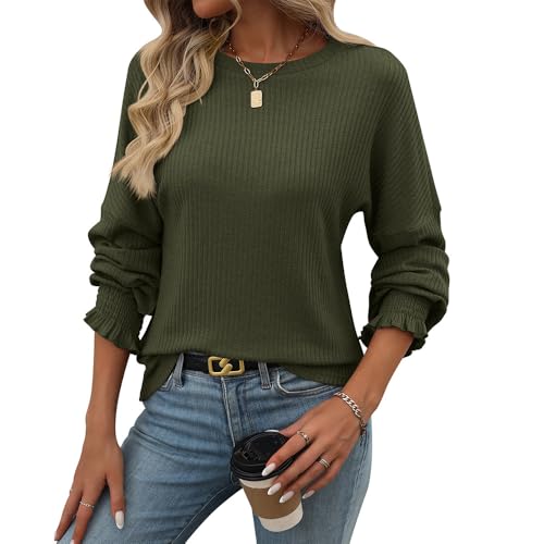 YAQUEKOU Damen Rundhals Langarmshirt Rippstrick Elegant Strickpullover Tunika Oberteile Leichte Pullover Einfarbig Sweatshirt (DE/NL/SE/PL, Alphanumerisch, L, Regular, Regular, Armeegrün) von YAQUEKOU