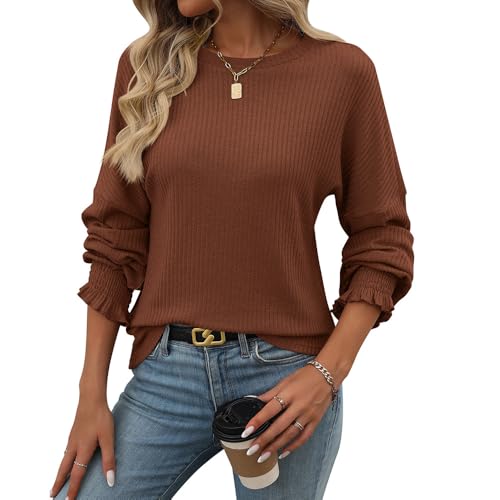 YAQUEKOU Damen Rundhals Langarmshirt Rippstrick Elegant Strickpullover Tunika Oberteile Leichte Pullover Einfarbig Sweatshirt (DE/NL/SE/PL, Alphanumerisch, S, Regular, Regular, Caramel) von YAQUEKOU