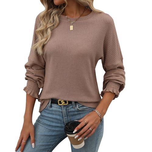YAQUEKOU Damen Rundhals Langarmshirt Rippstrick Elegant Strickpullover Tunika Oberteile Leichte Pullover Einfarbig Sweatshirt (DE/NL/SE/PL, Alphanumerisch, S, Regular, Regular, Khaki) von YAQUEKOU