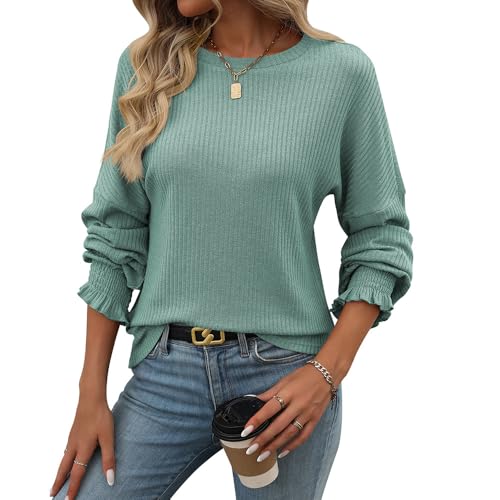 YAQUEKOU Damen Rundhals Langarmshirt Rippstrick Elegant Strickpullover Tunika Oberteile Leichte Pullover Einfarbig Sweatshirt (DE/NL/SE/PL, Alphanumerisch, XXL, Regular, Regular, Grün) von YAQUEKOU