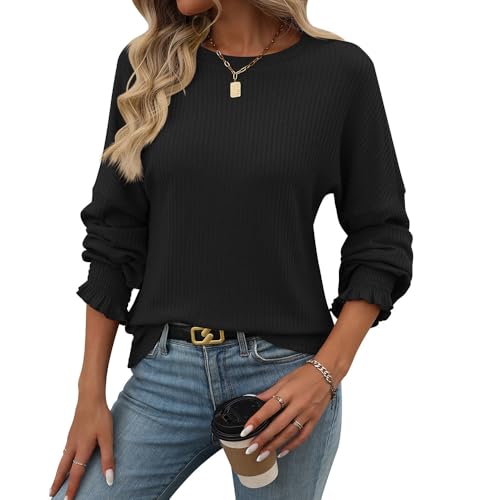 YAQUEKOU Damen Rundhals Langarmshirt Rippstrick Elegant Strickpullover Tunika Oberteile Leichte Pullover Einfarbig Sweatshirt (DE/NL/SE/PL, Alphanumerisch, XXL, Regular, Regular, Schwarz) von YAQUEKOU
