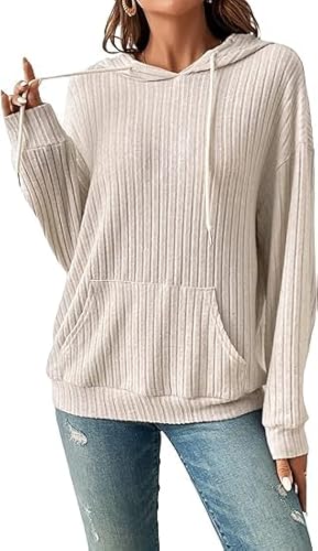 YAQUEKOU Pullover Damen Hoodie Langarm Leicht Pullover Sweatshirt Kapuzenpullover Einfarbig Drawstring Top für Herbst (DE/NL/SE/PL, Alphanumerisch, S, Regular, Regular, Beige) von YAQUEKOU